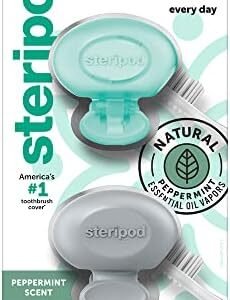 Steripod Clip-On Toothbrush Protector with Peppermint Essential Oils, Keeps Toothbrush Fresh and Clean, Travel Accessories, Fits Most Manual and Electric Toothbrushes, 2 Count