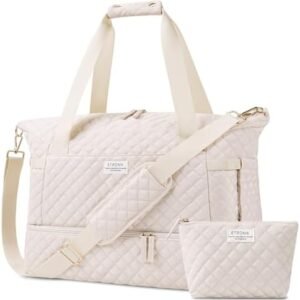 ETRONIK Travel Bag for Women, Gym Duffel Bag with Shoes Compartment, Weekender Overnight Bag with Wet Pocket for Women Travel Gym Daily Use (Beige)