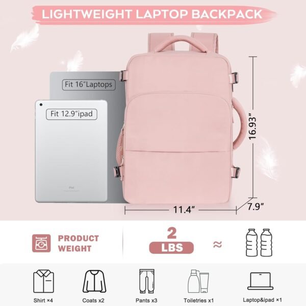 Travel Backpack for Women, Personal Item Bag for Airlines, Lightweight Carry On Backpack, Casual Hiking Work Gym College Weekender Bag Daypack, Laptop Backpack, Pink - Image 3