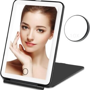 Makeup Mirror with 10X Magnifying Mirror, Vanity Mirror with 80 LED Lights, Compact LED Mirror, Portable Cosmetic Mirror with 3 Color Lights, Travel Accessories for Women (Black)