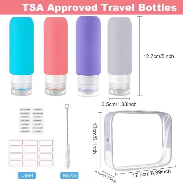 Travel Bottles for Toiletries 4 Pack 3oz Tsa Approved Auto-Rebound Travel Size Containers Squeezable BPA Free Leak Proof Refillable Silicone Travel Accessories Toiletry Bag,Label,Brush - Image 3