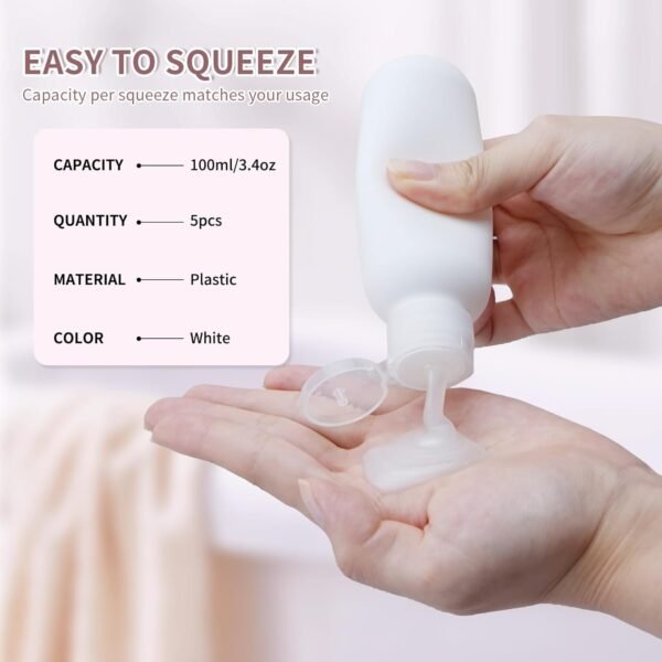 3.4 oz Travel Bottles for Toiletries, Empty Plastic Shampoo Bottle (5PCS) Small Size Container Tsa Approved (100ml, White) - Image 2