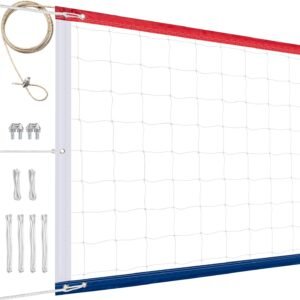 Professional Volleyball Net Outdoor Heavy Duty, Upgraded Weather Resistance, Lengthened Stainless Steel Cable, Thicker Sides Tapes, for Indoor Outdoor Sports- 32x3FT, Red White Blue (Net Only)