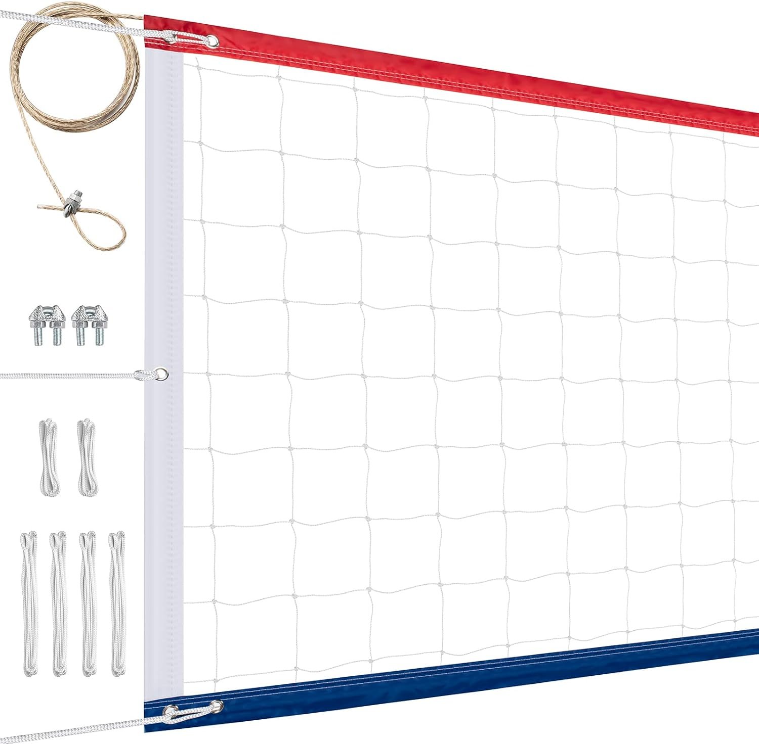 Professional Volleyball Net Outdoor Heavy Duty, Upgraded Weather Resistance, Lengthened Stainless Steel Cable, Thicker Sides Tapes, for Indoor Outdoor Sports- 32x3FT, Red White Blue (Net Only)