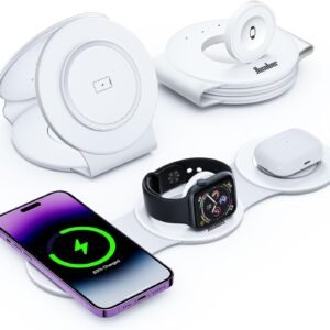 Hicober 3 in 1 Wireless Charging Station for iPhone 15, Magnetic Foldable Travel Charger Station Stand 18W for iPhone 15 14 13 12 Pro/Max/Plus/Apple Watch All Series & Airpods