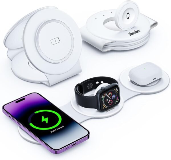 Hicober 3 in 1 Wireless Charging Station for iPhone 15, Magnetic Foldable Travel Charger Station Stand 18W for iPhone 15 14 13 12 Pro/Max/Plus/Apple Watch All Series & Airpods
