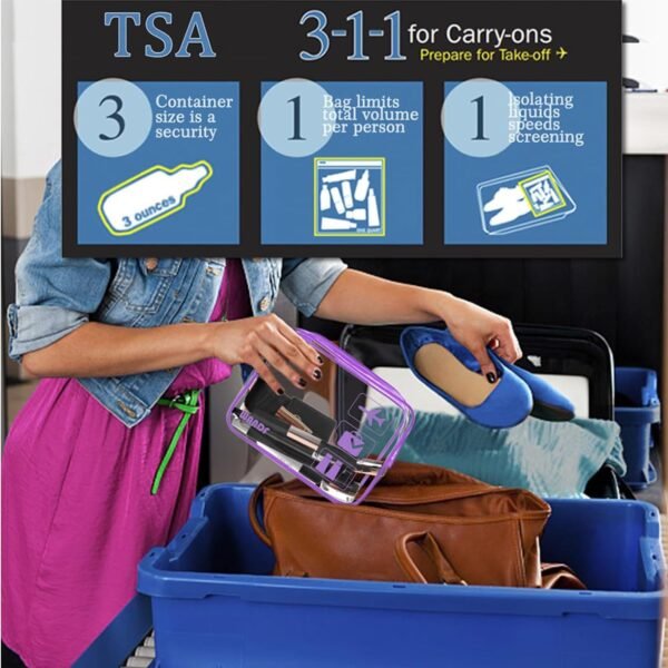 TSA Approved Clear Travel Toiletry Bag wih Zippers Carry-on Travel Accessories Quart Size Toiletries Cosmetic Pouch Makeup Bags for Men and Women (2pcs Purple) - Image 2