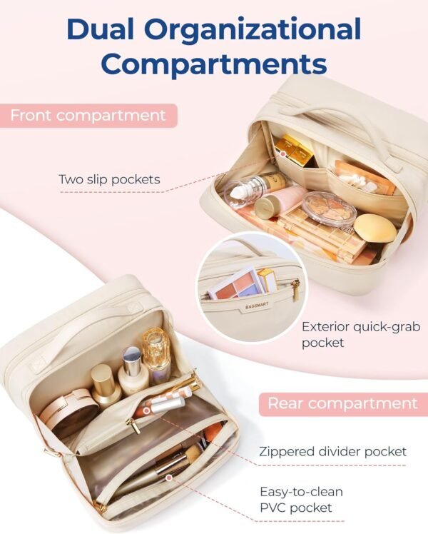 BAGSMART Travel Makeup Bag Large Capacity Cosmetic Bag, Wide-open Portable Make Up Bag Organizer for Women for Travel Essentials Travel-Size Toiletries Accessories Bottles, Brushes (Beige) - Image 3