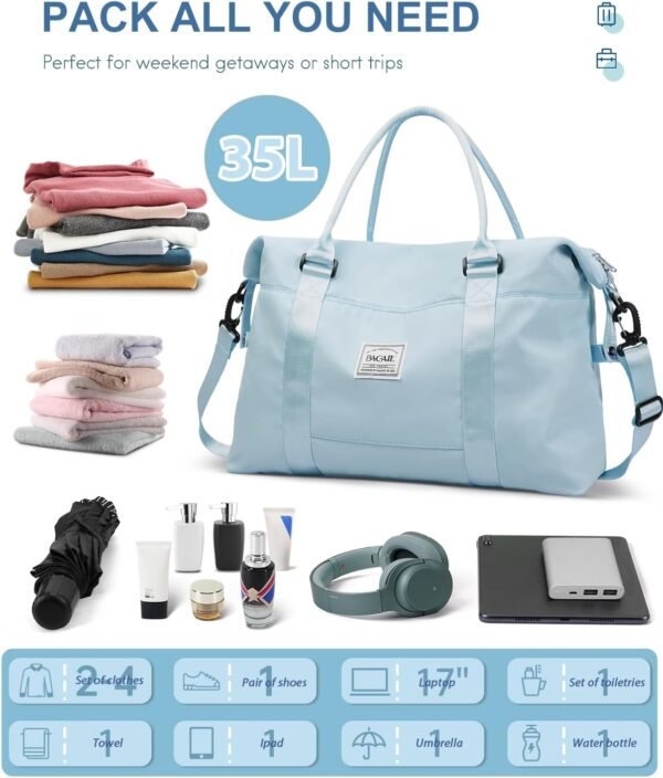 BAGAIL Travel Duffel Bag, Weekender Bags for Women, Overnight Gym Carry On Tote Bag with Wet Pocket, Hospital Mom Bag for Labor and Delivery - Light Blue - Image 2