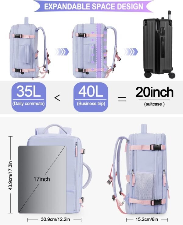 Travel Backpack for Women, Airline Approved Carry On Luggage As Personal Items, 17.3 inch Laptop Backpack, Waterproof Weekender Bag, Hiking Backpack(Purple) - Image 3