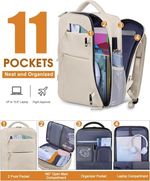 Travel Backpack for Women Men Waterproof Laptop Backpack Airlines Approved Carry On Backpack Bag Computer Bookbag for Business, Work, Traveling Fits 15.6 Inch Laptop(Beige) - Image 3