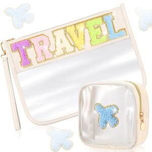 Hillban 2 Pcs Gifts Chenille Letter Bags Preppy Patch Makeup Bag Flat Clear Pouch PVC Organizer Purse Waterproof Travel Cosmetic Bag Portable Toiletry Storage Bag for Women Girl (Travel Travel)