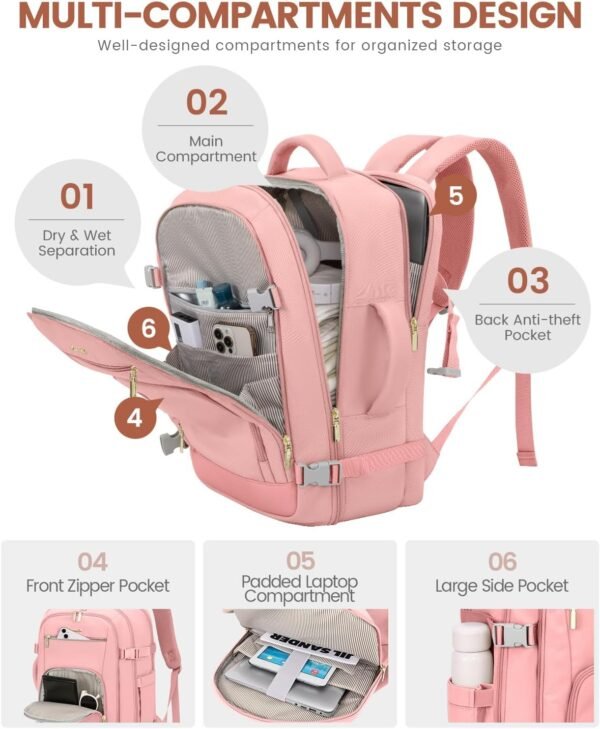 LOVEVOOK Travel Backpack For Women, 40L Carry On Backpack Flight Approved, TSA Personal Item Backpack Fits 17 Inch Laptop, Business Weekender Overnight Waterproof Daypack With 2 Packing Cubes, Pink - Image 2