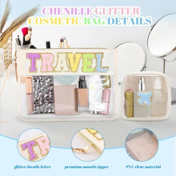 Hillban 2 Pcs Gifts Chenille Letter Bags Preppy Patch Makeup Bag Flat Clear Pouch PVC Organizer Purse Waterproof Travel Cosmetic Bag Portable Toiletry Storage Bag for Women Girl (Travel Travel) - Image 4