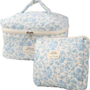 Cute Makeup Bag for Women(2 Pcs), Travel Cosmetic Bags, Quilted Coquette Aesthetic Floral Toiletry Organizer Bag (NavyBlue Flower)