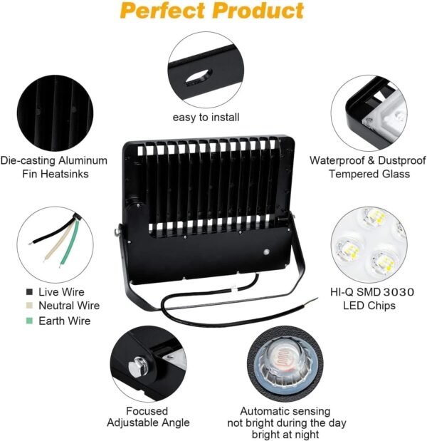 Juyace 36000lm LED Parking lot Lights Dusk to Dawn Stadium Flood Light Outdoor Commercial 5000K IP65 100-277V 240W for Sports Fields Court Arena Security Area(3 Pack) - Image 4
