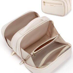 BAGSMART Travel Makeup Bag Large Capacity Cosmetic Bag, Wide-open Portable Make Up Bag Organizer for Women for Travel Essentials Travel-Size Toiletries Accessories Bottles, Brushes (Beige)