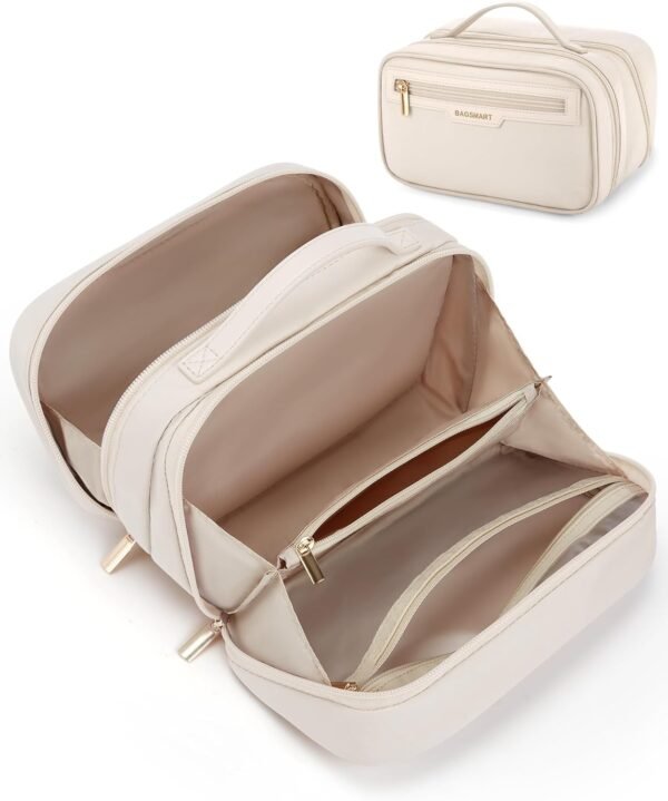 BAGSMART Travel Makeup Bag Large Capacity Cosmetic Bag, Wide-open Portable Make Up Bag Organizer for Women for Travel Essentials Travel-Size Toiletries Accessories Bottles, Brushes (Beige)