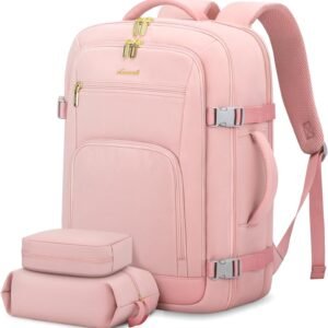 LOVEVOOK Travel Backpack For Women, 40L Carry On Backpack Flight Approved, TSA Personal Item Backpack Fits 17 Inch Laptop, Business Weekender Overnight Waterproof Daypack With 2 Packing Cubes, Pink