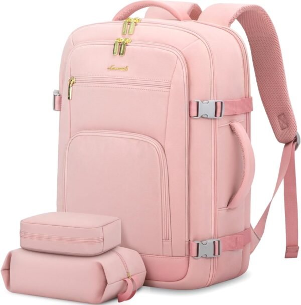 LOVEVOOK Travel Backpack For Women, 40L Carry On Backpack Flight Approved, TSA Personal Item Backpack Fits 17 Inch Laptop, Business Weekender Overnight Waterproof Daypack With 2 Packing Cubes, Pink