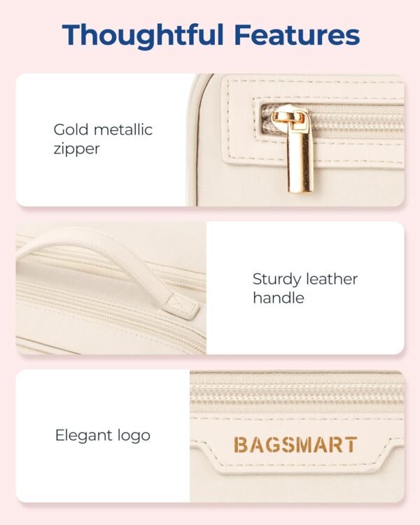 BAGSMART Travel Makeup Bag Large Capacity Cosmetic Bag, Wide-open Portable Make Up Bag Organizer for Women for Travel Essentials Travel-Size Toiletries Accessories Bottles, Brushes (Beige) - Image 6