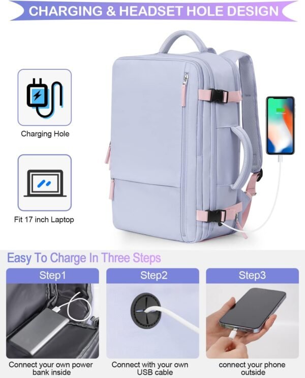 Travel Backpack for Women, Airline Approved Carry On Luggage As Personal Items, 17.3 inch Laptop Backpack, Waterproof Weekender Bag, Hiking Backpack(Purple) - Image 4