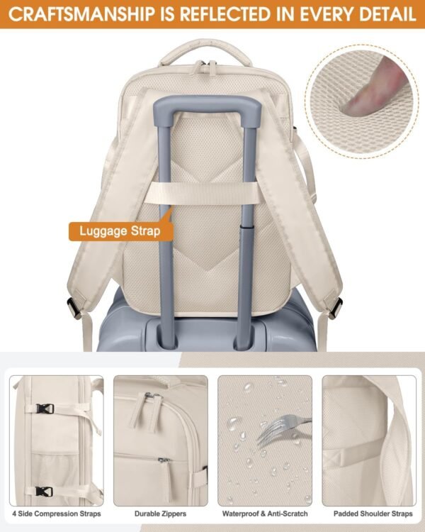 Travel Backpack for Women Men Waterproof Laptop Backpack Airlines Approved Carry On Backpack Bag Computer Bookbag for Business, Work, Traveling Fits 15.6 Inch Laptop(Beige) - Image 5