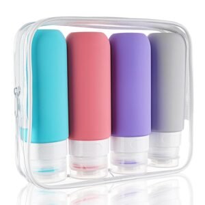 Travel Bottles for Toiletries 4 Pack 3oz Tsa Approved Auto-Rebound Travel Size Containers Squeezable BPA Free Leak Proof Refillable Silicone Travel Accessories Toiletry Bag,Label,Brush