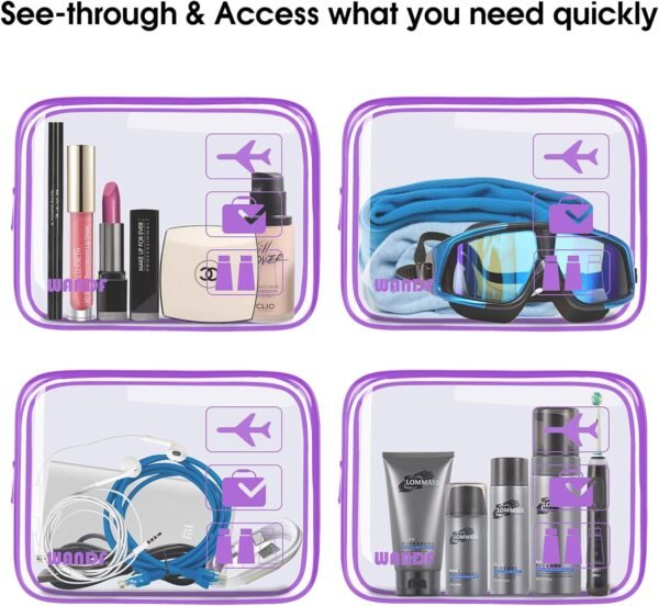 TSA Approved Clear Travel Toiletry Bag wih Zippers Carry-on Travel Accessories Quart Size Toiletries Cosmetic Pouch Makeup Bags for Men and Women (2pcs Purple) - Image 5