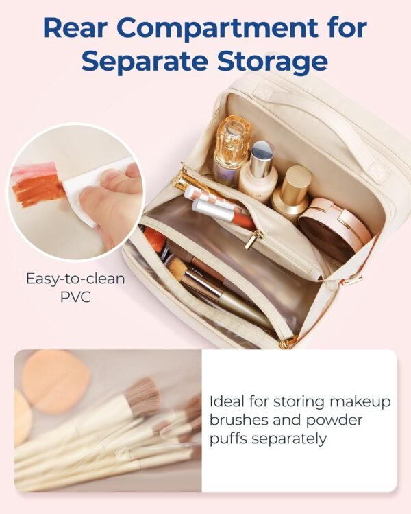 BAGSMART Travel Makeup Bag Large Capacity Cosmetic Bag, Wide-open Portable Make Up Bag Organizer for Women for Travel Essentials Travel-Size Toiletries Accessories Bottles, Brushes (Beige) - Image 4