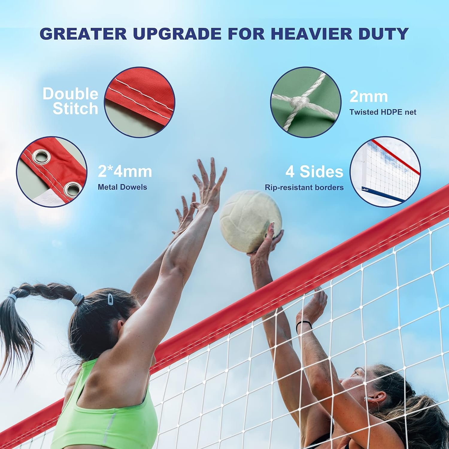 Professional Volleyball Net Outdoor Heavy Duty, Upgraded Weather Resistance, Lengthened Stainless Steel Cable, Thicker Sides Tapes, for Indoor Outdoor Sports- 32x3FT, Red White Blue (Net Only) - Image 4