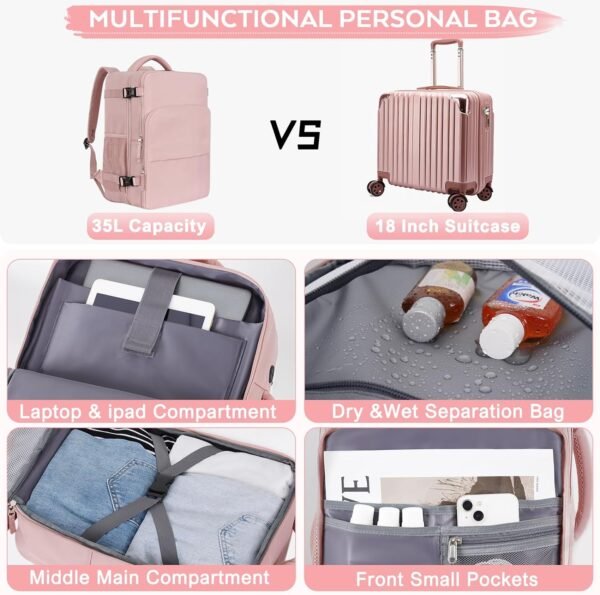 Travel Backpack for Women, Personal Item Bag for Airlines, Lightweight Carry On Backpack, Casual Hiking Work Gym College Weekender Bag Daypack, Laptop Backpack, Pink - Image 5