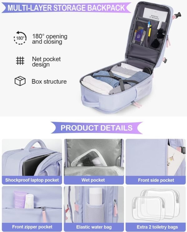 Travel Backpack for Women, Airline Approved Carry On Luggage As Personal Items, 17.3 inch Laptop Backpack, Waterproof Weekender Bag, Hiking Backpack(Purple) - Image 5