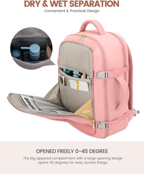 LOVEVOOK Travel Backpack For Women, 40L Carry On Backpack Flight Approved, TSA Personal Item Backpack Fits 17 Inch Laptop, Business Weekender Overnight Waterproof Daypack With 2 Packing Cubes, Pink - Image 7