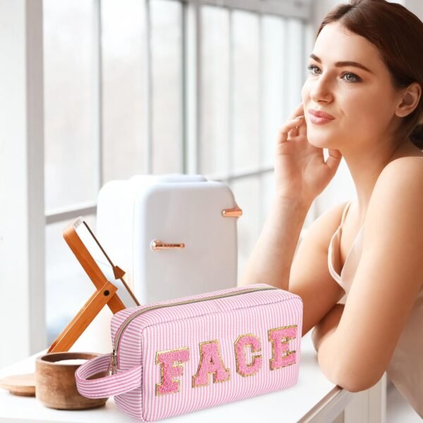 4 Pcs Preppy Makeup Bags Chenille Letter Patch Bag Face Skin Hair Stuff Cosmetic Bag Stripe Toiletry Cosmetic Case Travel Zipper Pouch Makeup Bag for Women Girl - Image 7