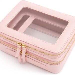 Large Clear Makeup Bags, Double Layer Cosmetic Bags with Separate Brush Compartment, Travel Toiletry Bag Cosmetic Train Case, Travel Accessories Organizer for Women(2 Layers, Pink)