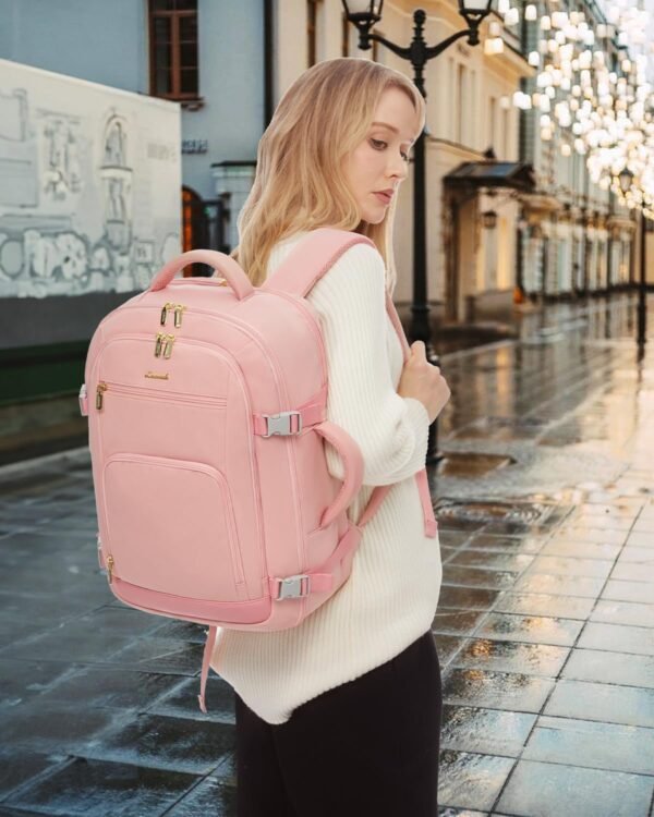 LOVEVOOK Travel Backpack For Women, 40L Carry On Backpack Flight Approved, TSA Personal Item Backpack Fits 17 Inch Laptop, Business Weekender Overnight Waterproof Daypack With 2 Packing Cubes, Pink - Image 6