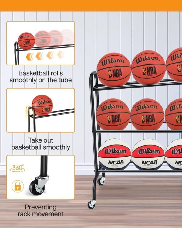Basketball Rack Ball Stand Holder - EXTCCT Tilt Ball Training Equipment Shooting Rolling Storage Cart with Wheels Sports Outdoor Volleyball Soccer Football Garage Organizer Basketball Accessories - Image 2