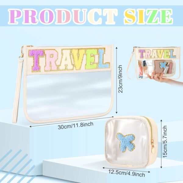 Hillban 2 Pcs Gifts Chenille Letter Bags Preppy Patch Makeup Bag Flat Clear Pouch PVC Organizer Purse Waterproof Travel Cosmetic Bag Portable Toiletry Storage Bag for Women Girl (Travel Travel) - Image 2
