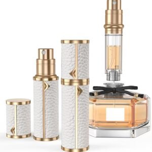Perfume Travel Refillable Bottle,Genuine Leather Bottom-Filling Perfume Dispenser,Mini Cologne Atomizer Sprayer,Spray Bottles Portable Pocket Size for Cruise Car Trip Purse Gift 5ml (White)