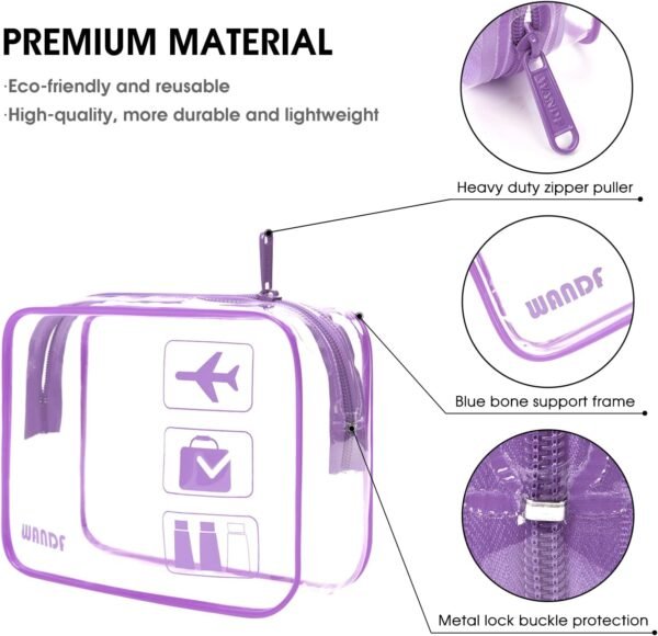 TSA Approved Clear Travel Toiletry Bag wih Zippers Carry-on Travel Accessories Quart Size Toiletries Cosmetic Pouch Makeup Bags for Men and Women (2pcs Purple) - Image 3