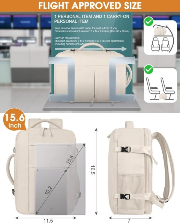 Travel Backpack for Women Men Waterproof Laptop Backpack Airlines Approved Carry On Backpack Bag Computer Bookbag for Business, Work, Traveling Fits 15.6 Inch Laptop(Beige) - Image 6