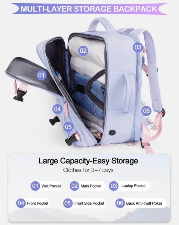 Travel Backpack for Women, Airline Approved Carry On Luggage As Personal Items, 17.3 inch Laptop Backpack, Waterproof Weekender Bag, Hiking Backpack(Purple) - Image 7