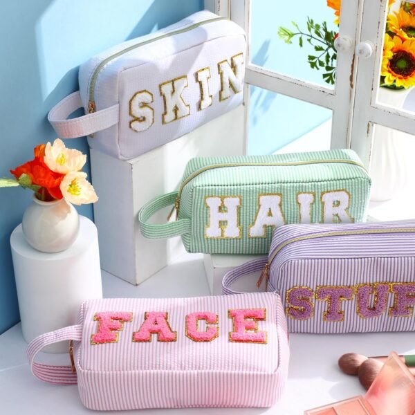 4 Pcs Preppy Makeup Bags Chenille Letter Patch Bag Face Skin Hair Stuff Cosmetic Bag Stripe Toiletry Cosmetic Case Travel Zipper Pouch Makeup Bag for Women Girl - Image 3