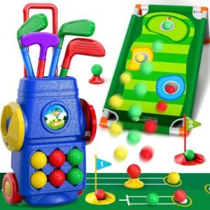 Doloowee Kids Golf Clubs, 2 in 1 Toddler Golf Set with Golf Board, Putting Mat, 6 Balls, Indoor Outdoor Sport Toys Birthday Gifts for Boys Girls 3 4 5 6 Years Old