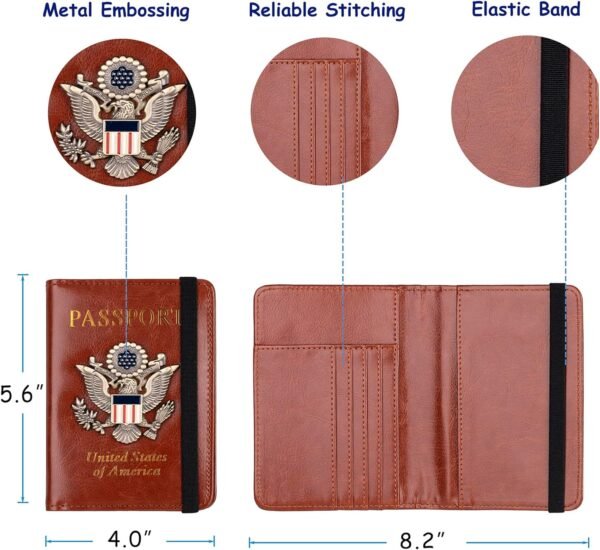 TOURSUIT RFID Blocking Passport Holder for Women Men, Leather Passport Travel Wallet with Metal 3D Metal Badge, Travel Document Holder Cover Accessories (Brown) - Image 4