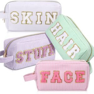 4 Pcs Preppy Makeup Bags Chenille Letter Patch Bag Face Skin Hair Stuff Cosmetic Bag Stripe Toiletry Cosmetic Case Travel Zipper Pouch Makeup Bag for Women Girl