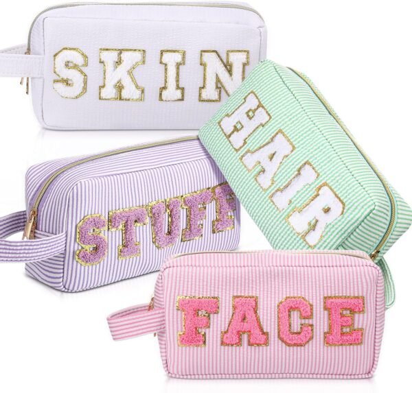 4 Pcs Preppy Makeup Bags Chenille Letter Patch Bag Face Skin Hair Stuff Cosmetic Bag Stripe Toiletry Cosmetic Case Travel Zipper Pouch Makeup Bag for Women Girl