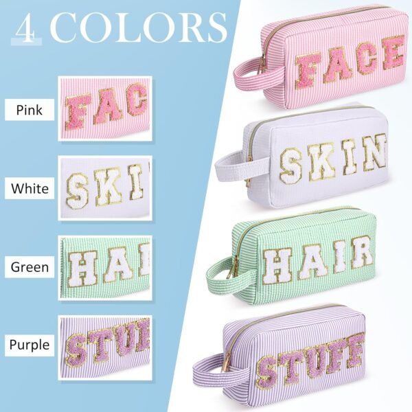 4 Pcs Preppy Makeup Bags Chenille Letter Patch Bag Face Skin Hair Stuff Cosmetic Bag Stripe Toiletry Cosmetic Case Travel Zipper Pouch Makeup Bag for Women Girl - Image 6