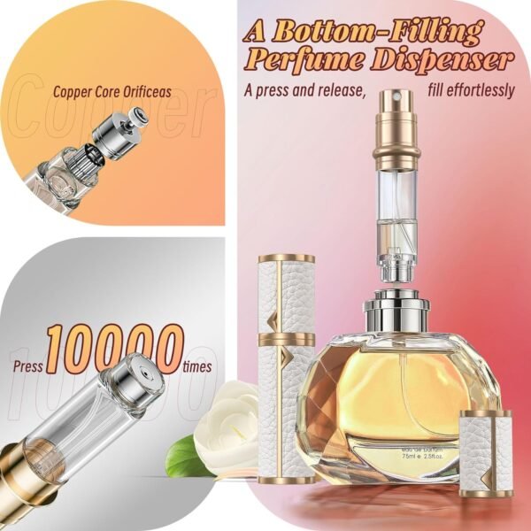 Perfume Travel Refillable Bottle,Genuine Leather Bottom-Filling Perfume Dispenser,Mini Cologne Atomizer Sprayer,Spray Bottles Portable Pocket Size for Cruise Car Trip Purse Gift 5ml (White) - Image 4